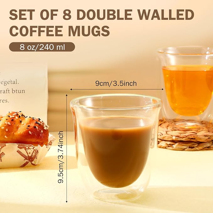 Sieral 8 Pack 8 oz Double Walled Coffee Mugs Glass Espresso Cups without Handle - Image 3