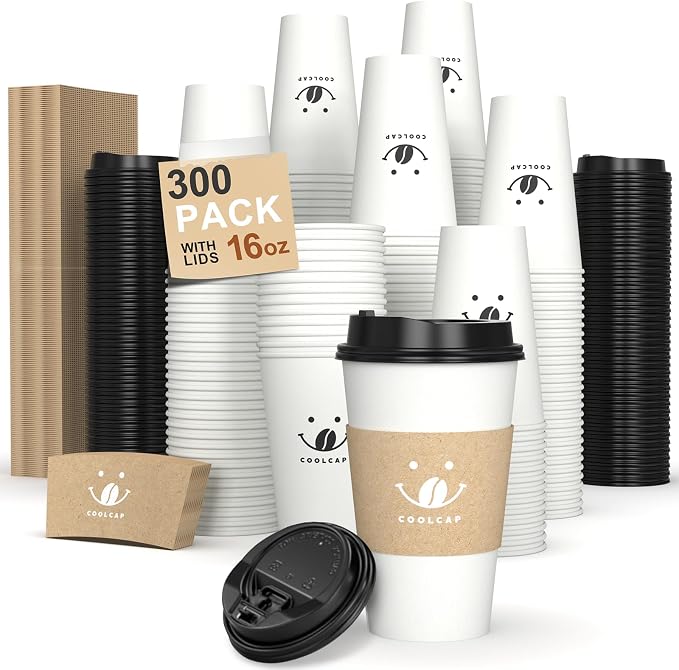 Coffee Cups with Lids and Sleeves, 16 oz 300 Pack To Go Cups with Lids by COOLCAP