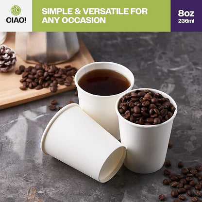 CIAO! 8oz White Paper Hot Cup, Disposable, 80mm Diameter 500 Count