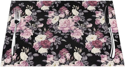 Vintage Floral Placemats Set of 6 Pink Rose Peony Flower Blossom Black Wipeable Table Mats Reusable Washable PVC Rectangle Place Mats for Kitchen Dining Home Decor 12x18 Inches