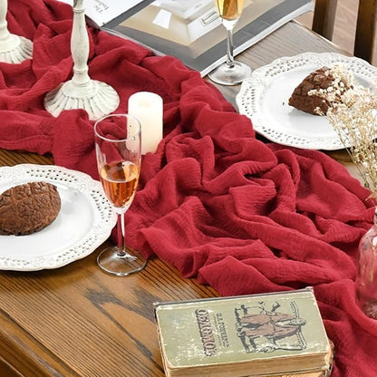 Artoid Mode Boho Gauze Red 3 Pieces Wedding Table Runner, 120 Inch Cheesecloth - Image 5