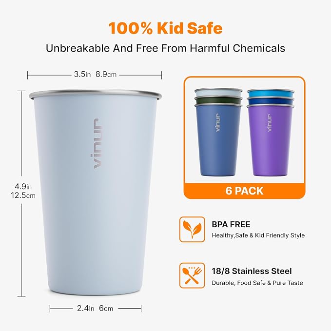 VINUR Stainless Steel Cups 16 oz Metal Drinking Glasses 6 Pcs | Stainless Steel - Image 3