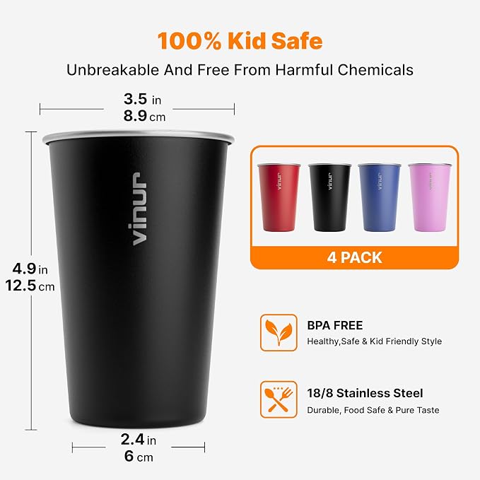 16 oz Stainless Steel Pint Cups-Stackable Metal Drinking Glasses 4 Pcs | - Image 3