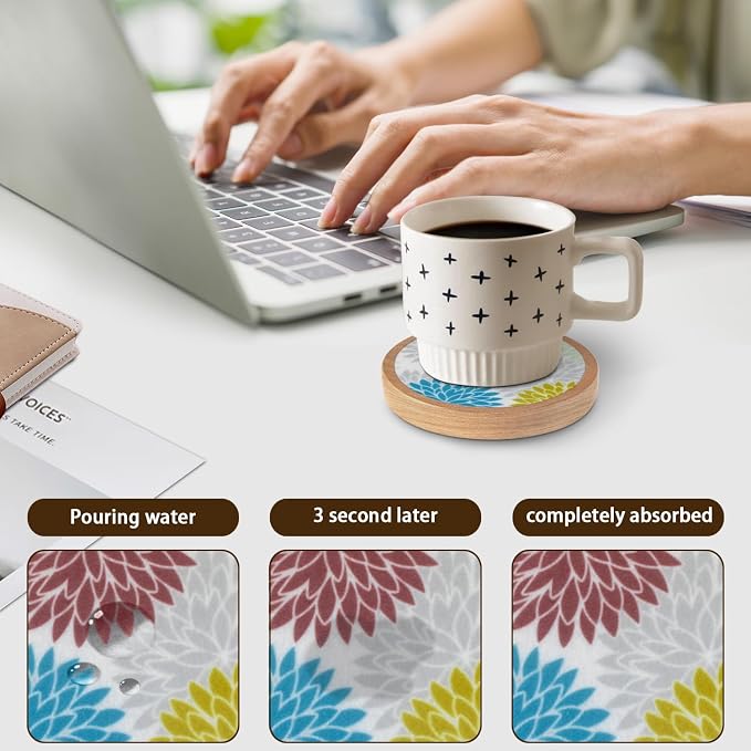 Wood Coasters Set of 6 with Holder, Cewiru Cup Mat - Image 4