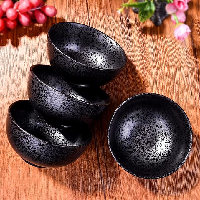 Japanese Rice Bowl Set of 4 Porcelain Sushi Bowls Serving Bowls Speckled Black - Image 2