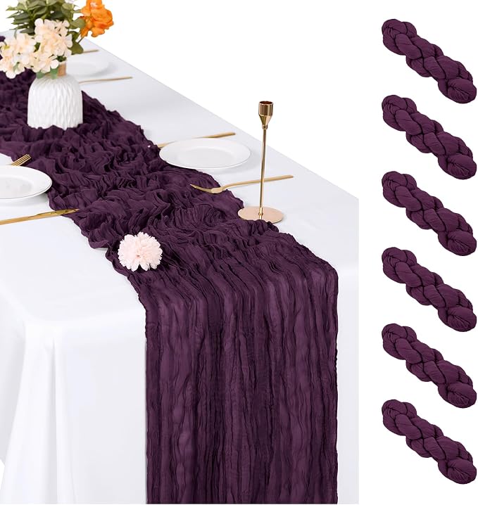 6 Pack Dark Purple Cheesecloth Table Runner, 17 x 108 inch, Semi Sheer Boho by ACSUIT
