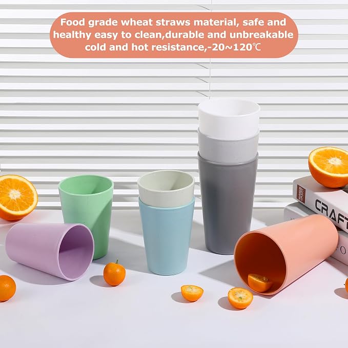 HEYCOME Set of 16 Wheat Straw Cups, Reusable Plastic Cups Sets, Water Glasses - Image 4