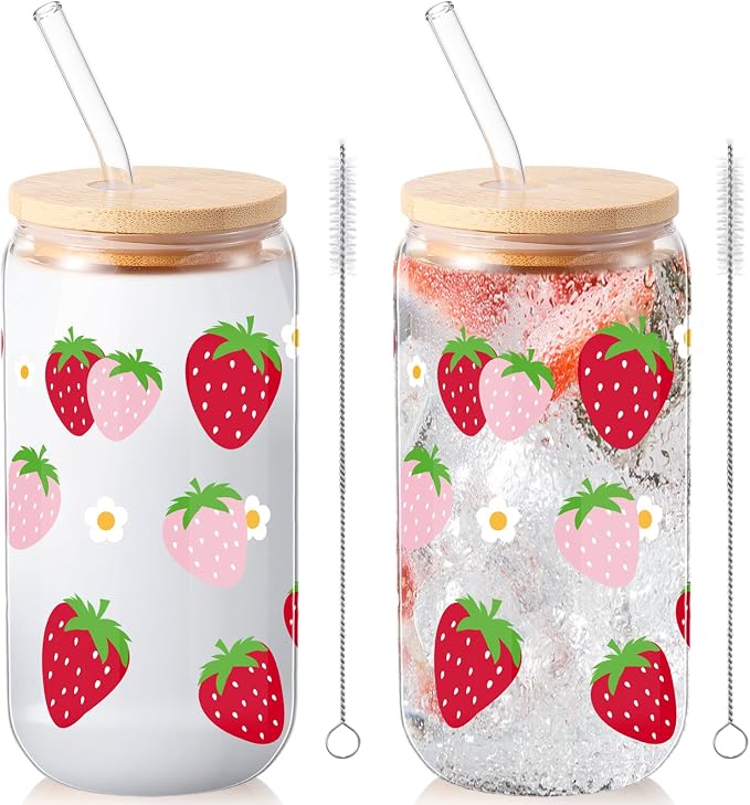 Sliner 2 Pcs Strawberry Glass Cups Summer Drinking Glasses 16 oz Iced Coffee by Sliner