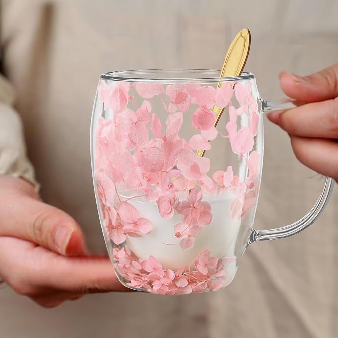 Gifts for Women Dried Flowers Double Wall Glass Coffee Mugs Cute Glass Tea Cups - Image 3