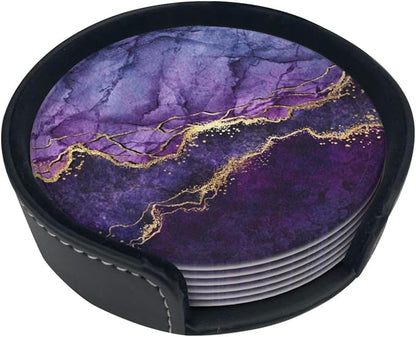 6 Pcs Purple Marble Abstract Gold Leather Coasters - Image 2