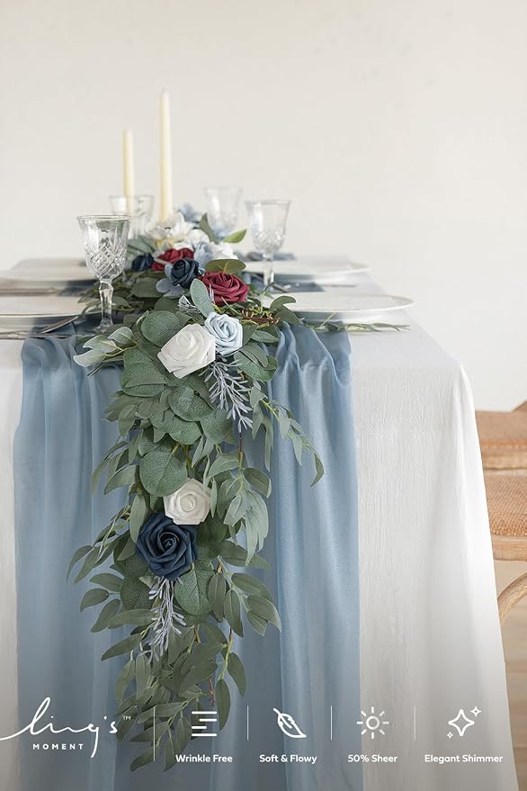 Ling's Moment 14Ft Dusty Blue Table Runner, Wedding Chiffon Table Runners | - Image 3