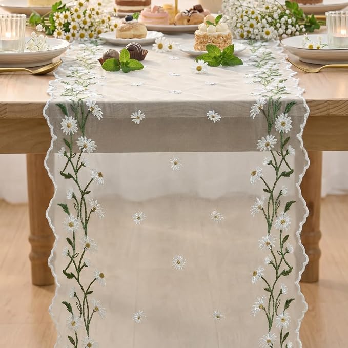 Artoid Mode Daisy Floral Milky White Shaped Gauze Embroidery Table Runner 120 - Image 2
