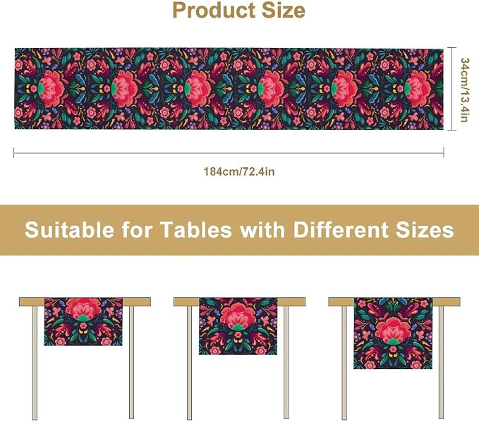 YCness Mexican Fiesta Table Runner Colorful Floral Plants Traditional Pattern - Image 3