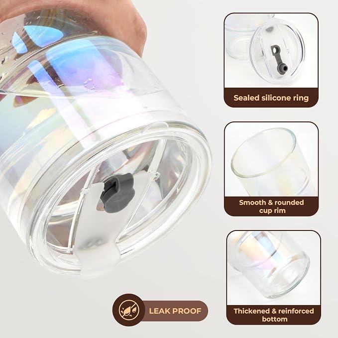 Zukro 13 oz Glass Cups with Lid and Straw 2 Pack, Non-Slip Rubber Bottom | Leak - Image 3