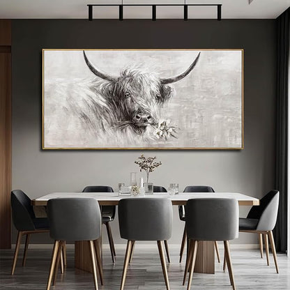 Farmhouse Decor Framed Wall Animal and Flower Artwork Grey Vintage Cow Wall Art with Frame for Living Room Bedroom Dining Room Office 29x58 Inch
