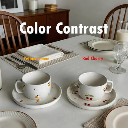 Ceramic Coffee Mug Set of 2, 8 oz Cherry and Lemon Design Cups - Image 3