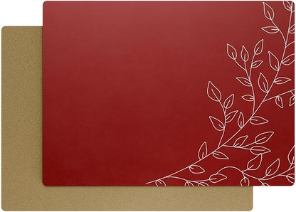 Royalty Art Dark Red Boho Placemats, 4 Pc. Set, Non-Slip Cork Backed, Wipeable Heat Resistant Surface for Kitchen and Dining Table Protection, Cute Floral Pattern for Farmhouse or Rustic Decor