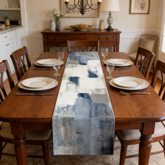 OYIMUA Blue and White Abstract Modern Table Runner, Art Rustic Kitchen Dining - Image 2