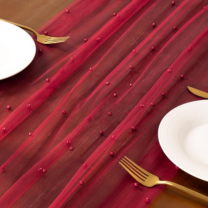 Pearl Table Runner Summer Tulle Gauze Sheer Wedding Party Home Decor | Red - Image 5