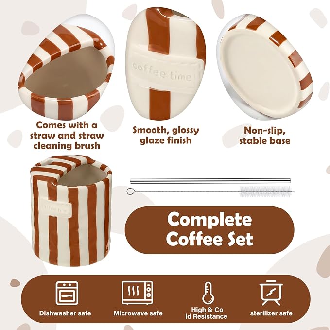 1 Pack Ceramic Coffee Mug with Sip Hole Espresso Cup 10oz with Straws Retro - Image 3