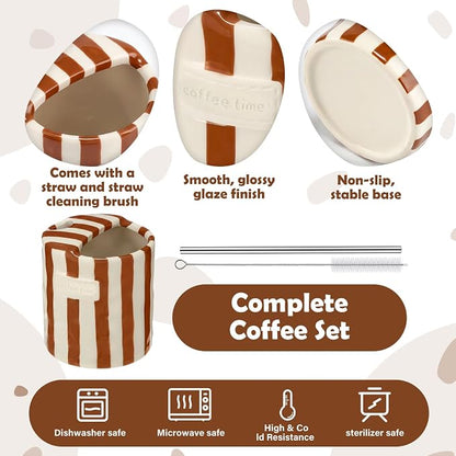 1 Pack Ceramic Coffee Mug with Sip Hole Espresso Cup 10oz with Straws Retro - Image 3