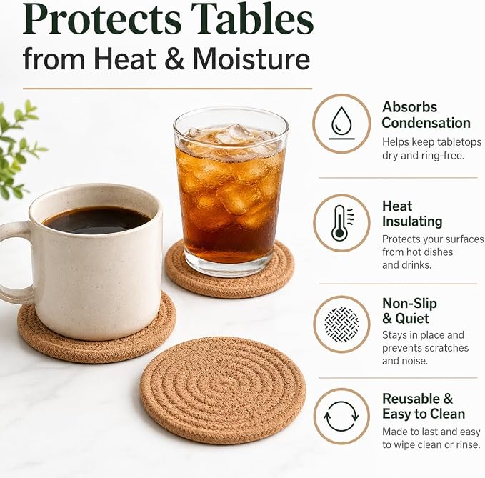 ABenkle Woven Coasters for Drinks Set of 6, Boho Absorbent Drinking Coaster - Image 5