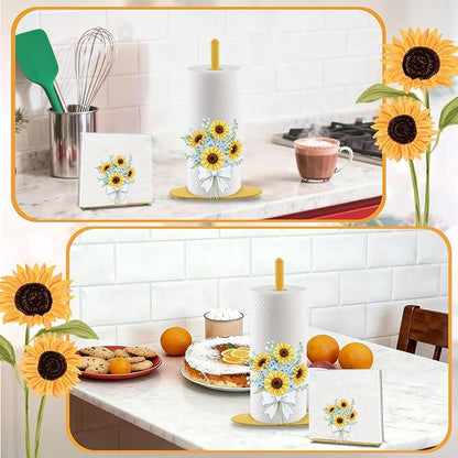 Sunflower Paper Towel Holder, Yellow Countertop Kitchen Decor Indoor with Round Base, Sunflower Lover Gift, Iron Sunflowers Napkin Holder Stand Accessories for Rustic Farmhouse Bathroom Kitchen, 2 PCS