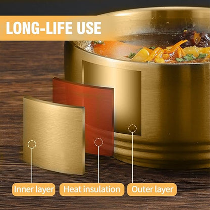 Stainless Steel Rice Bowl with Lid, Set of 2, for Korean Kitchen Restaurant, Double-walled Metal Bowls, Multi-Purpose Insulated Soup Bowls Snacks Bowls (10.5cm Gold)