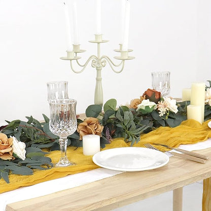 FUHSY 5 Pack 10FT Cheese Clothes Table Runners for Weddings Gold Cheesecloth Gauze Linen 35x120 Inch Romantic Rustic Dining Table Runner for Indoor Outdoor Table Centerpieces Party Table Cloth Runner