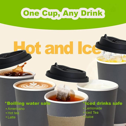 100 Pack 12 oz Disposable Coffee Cups with Lids and Sleeves, Leak-Proof To Go Coffee Cups, PLA Paper Coffee Cups for Hot Beverage