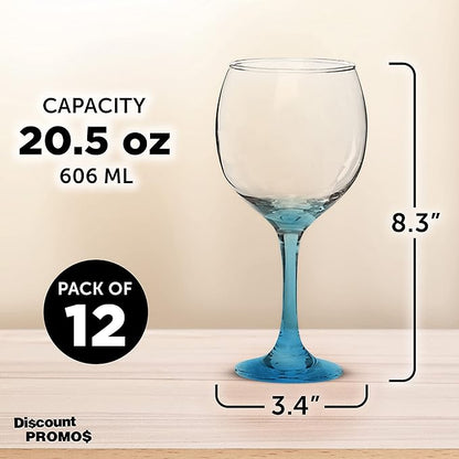 DISCOUNT PROMOS Premiere Wedding Wine Glasses 20.5 oz. Set of 12, Bulk Pack - Restaurant Glassware, Perfect for Red Wine or White Wine - Blue