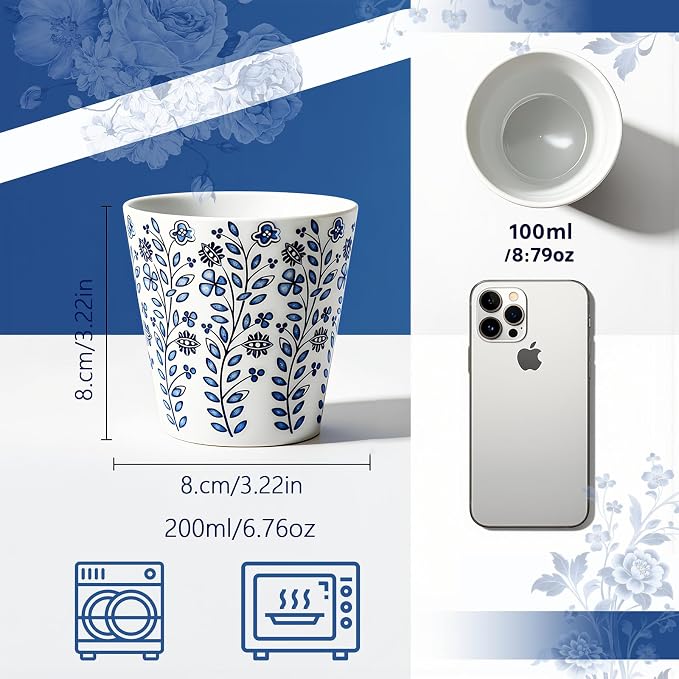 YQ&AMK 6.7oz Blue and White Floral Ceramic Cup - Image 3