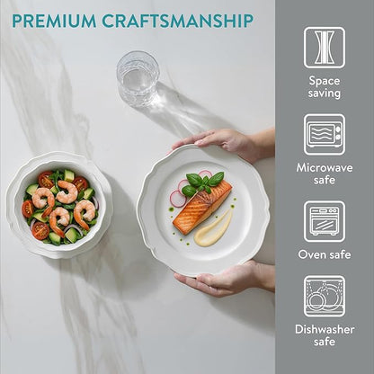 Navaris Scandi Style Porcelain Dinnerware Set - Ceramic Crockery Sets for 4 - Stackable Dishes with Dinner and Salad Plates Cereal Bowls - Dishwasher & Microwave Safe - 12pcs White