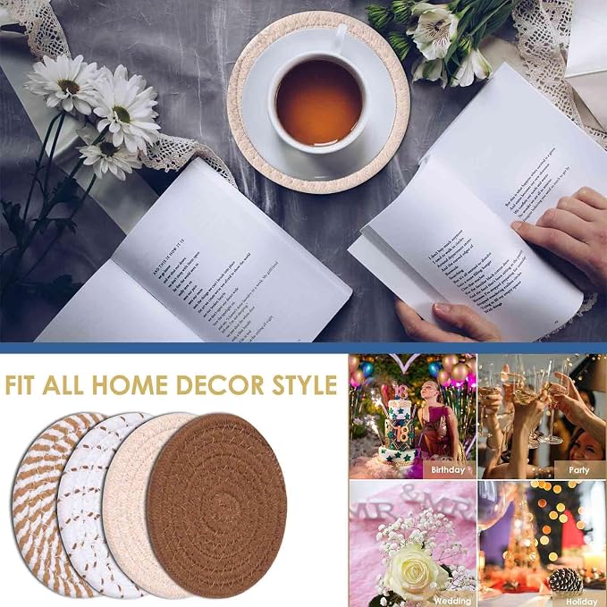 Drink Coasters 8 Pack with Holder, 4-Color Cotton Woven Absorbent Coasters Set - Image 8