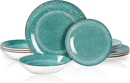 Bestone 12-Piece Round Porcelain Dinnerware Set, Service for 4, Chip Resistant Plates and Bowls,Green, Dishwasher & Microwave Safe for Home Daily Use