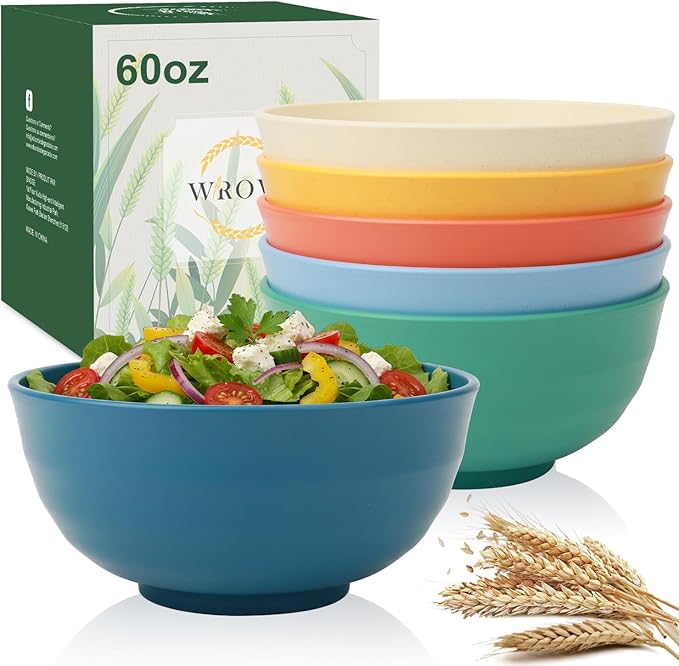 Large Cereal Bowls Set of 6, Unbreakable Wheat Straw Bowls 60oz, Microwavable by WROVA