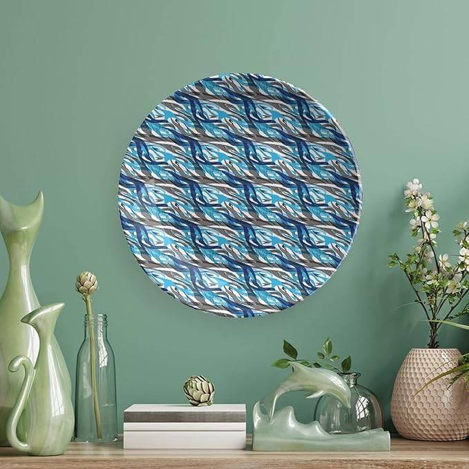 Decorative Plates, Abstract Print Ornament, Modern Art Stripes Swirls Waves Trippy, 8 Inch, Kitchen Wall Decor, Grey Blue White