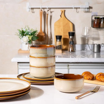 LERATIO Ceramic Dinnerware Sets for 8,Plates and Bowls Sets,Reactive Glaze Dishes Set,Highly Chip and Crack Resistant | Dishwasher & Microwave & Oven Safe Dishes set,Service for 8-Kahki (24pc)