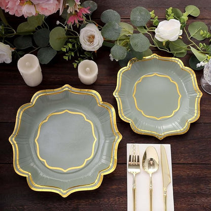 50 Pack 10" Sage Green/Gold Scallop Rim Dinner Plates, Disposable Round Paper Party Plates 300 GSM for Festive Table Decoration