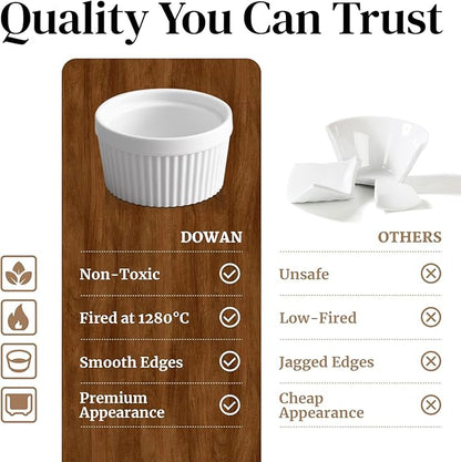 DOWAN Ramekins 6 oz Oven Safe for Creme Brulee Souffle, Porcelain Ramekin for Baking, Classic Style Small Bowls Souffle Dishes Custard Cups for Dipping Sauce, Set of 6, Soft White