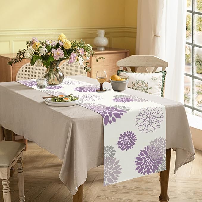 Purple Dahlia Table Runner Modern Elegant Flower Beige Table Runners Geometric - Image 2