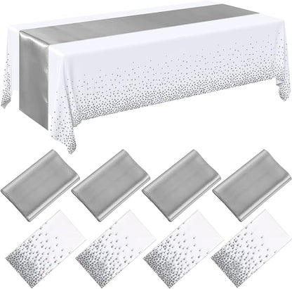 Breling 8 Pack White and Silver Disposable Plastic Tablecloths and Satin Table Runner Set, 54 x 108 Inch Tablecloth, 12 x 108 Inch Table Runners for Wedding Graduation Birthday Baby Shower New Year