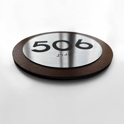 Bsign Round Door Number Sign - Wood Stainless Steel Plate - Custom Door Plates