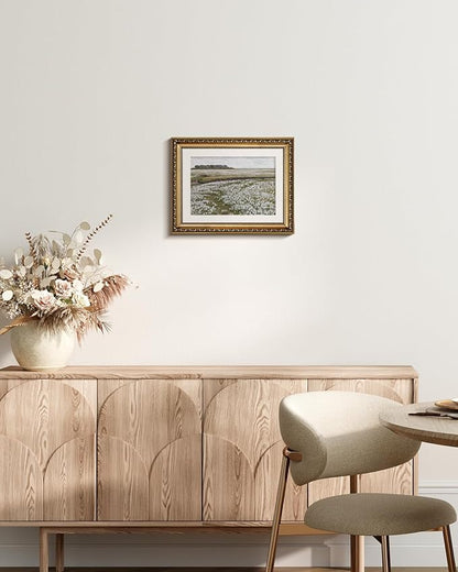 InSimSea Retro Gold Framed Wall Art, Home Room White Flowers Grassland Vintage Wall Decor, Canvas Print Artwork, Farmhouse Country Decor, Antique Picture Frame Floral Paintings, 11x14 Inch