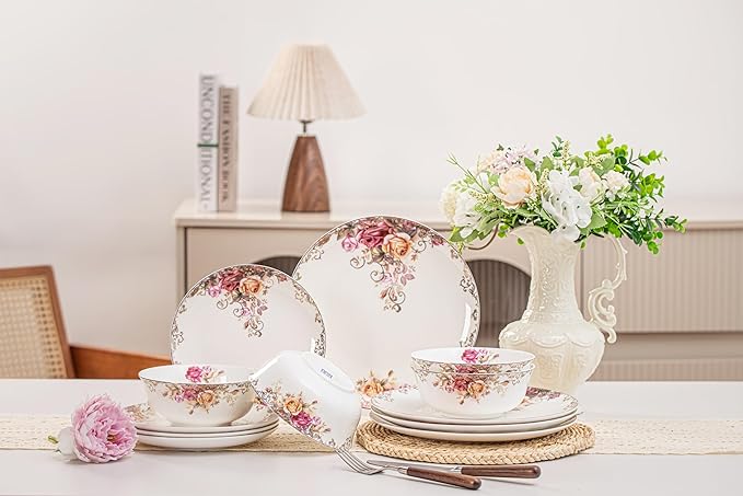Dinnerware Sets, Plates Set, with Bowls, Artistic 12-Piece Ceramic Dinnerware, for Home Restaurant, Chip and Scratch Resistant, Microwave and Dishwasher Safe, Rose Collection