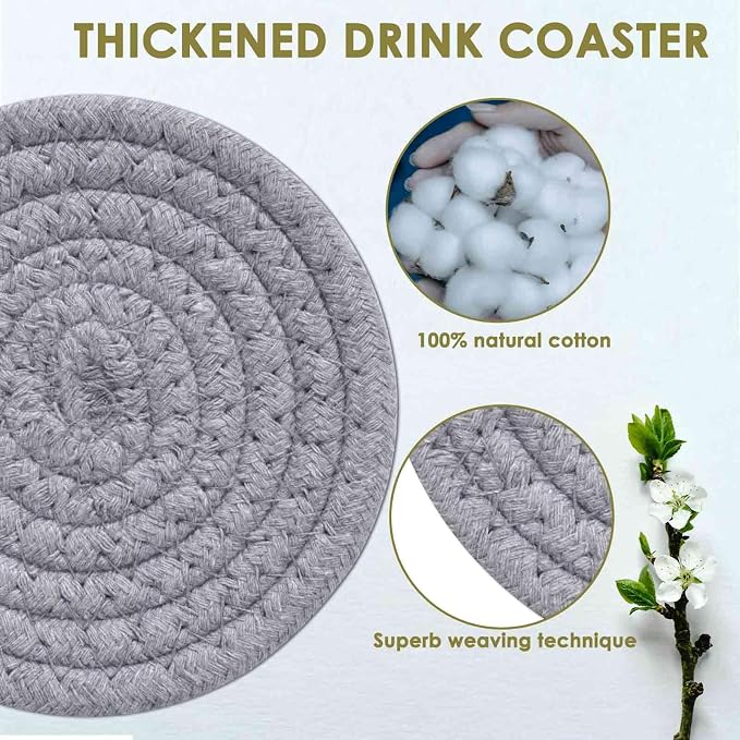 Drink Coasters 8 Pack with Holder, 4-Color Cotton Woven Absorbent Coasters Set - Image 6