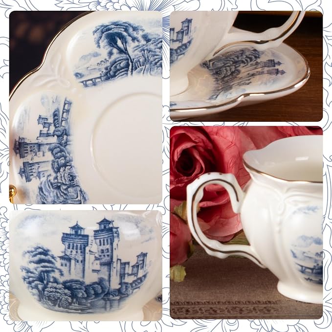 KAMMAK Tea Cups and Saucers Set of 2, 8 oz Porcelain Coffee Cups, SY001 | - Image 7