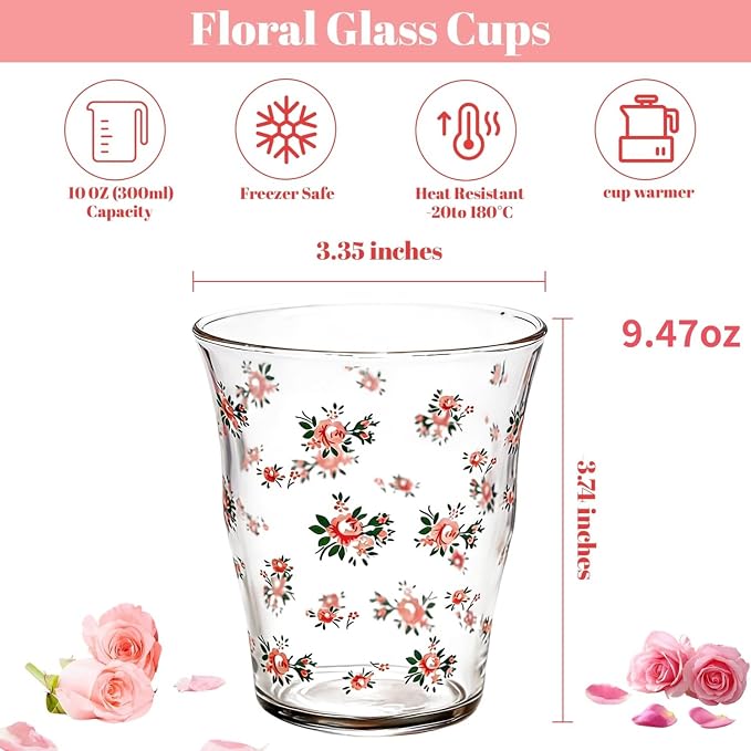 2-Pack Floral Glass Tea Cups, Vintage Flower Drinking Glasses Set, Cute - Image 5