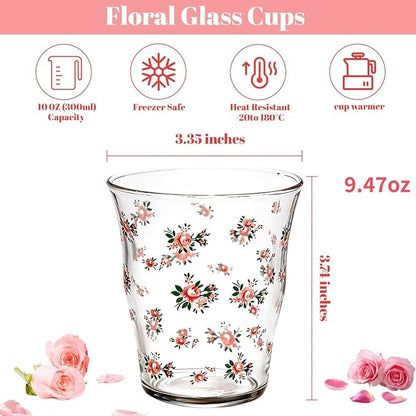 2-Pack Floral Glass Tea Cups, Vintage Flower Drinking Glasses Set, Cute - Image 5