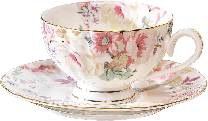 fanquare Pink Floral Tea Cup and Saucer Set by fanquare